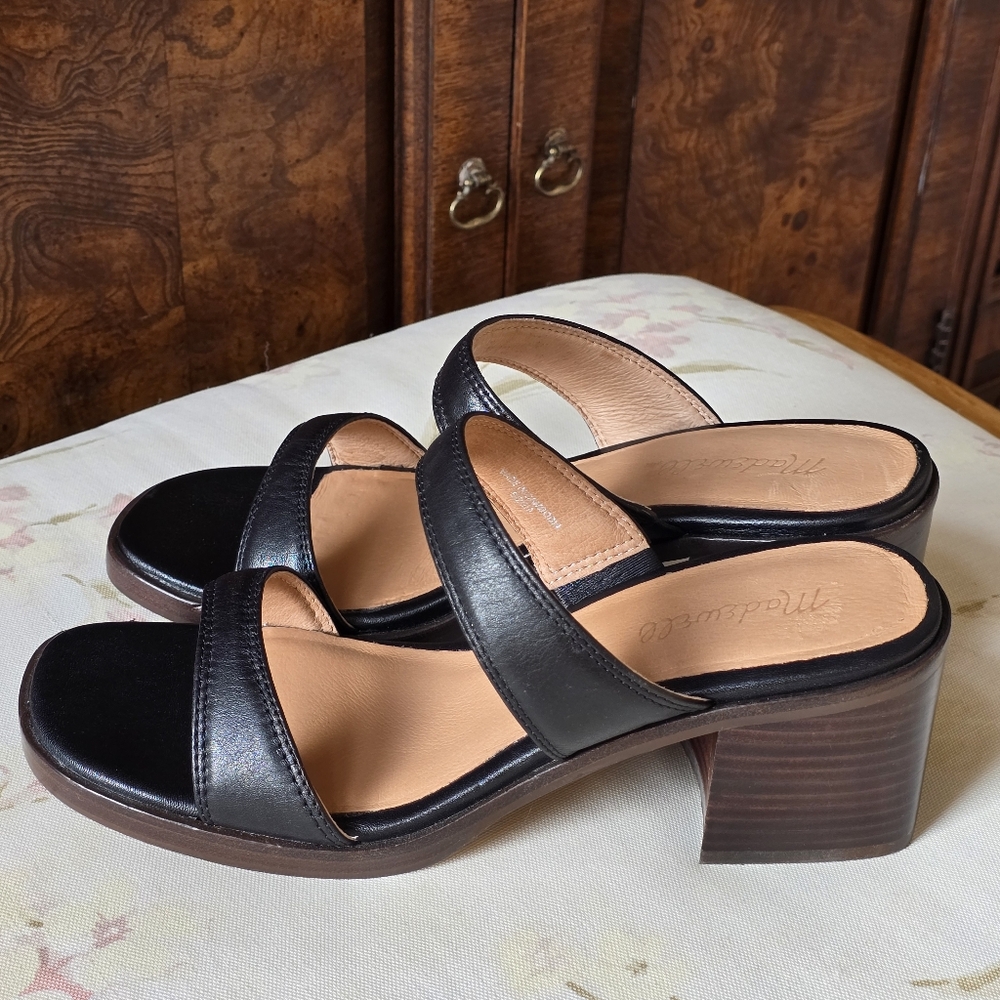 NWT Madewell The Saige Women's Sandals Sz 9 Leather Black Block Heels Slip On - Picture 5 of 14
